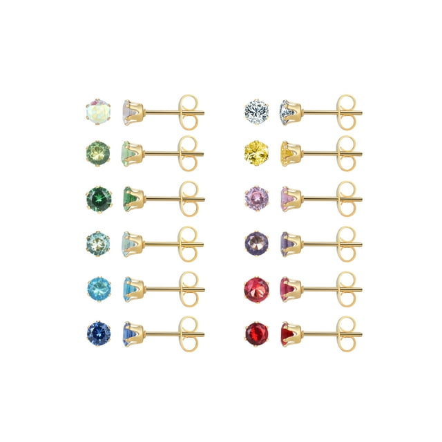 12 Pairs IP Gold Stainless Steel CZ Stud Earrings Set for Women