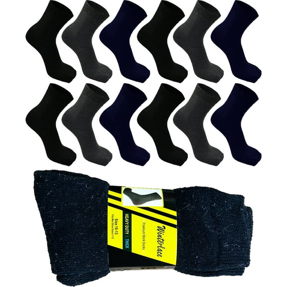 12 Pairs Thermal Work Boot Socks for Men, Warm Heavy Duty Cushioned Thick Winter Bulk Wholesale (Assorted)