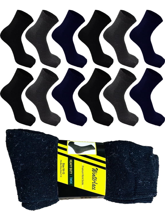 12 Pairs Thermal Work Boot Socks for Men, Warm Heavy Duty Cushioned Thick Winter Bulk Wholesale (Assorted)