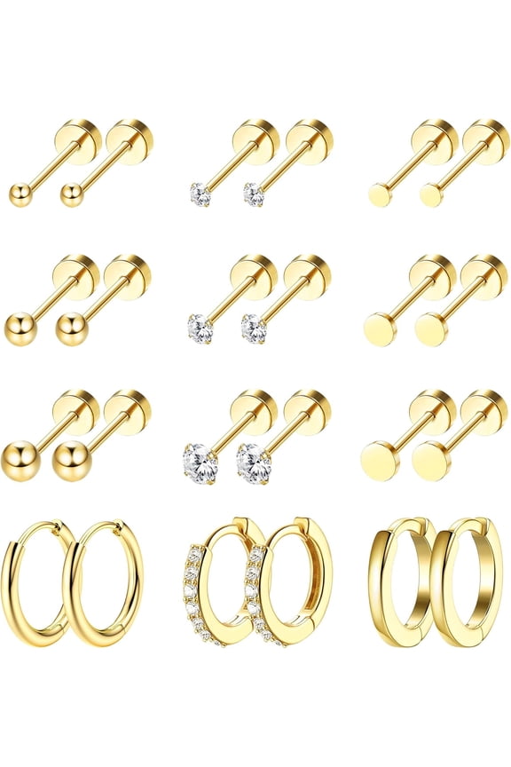 12 Pairs Tiny Best Stud Hoop Earring 18K Gold Plated Stainless Steel Earring Sets for Multiple Piercing petite size Threadless Flat Back Earrings Cartilage Hoop Earrings[b523]