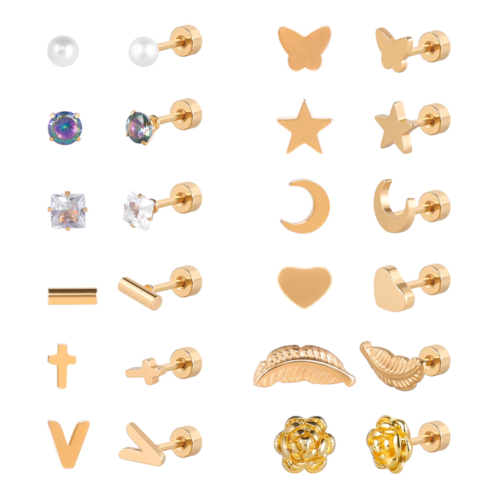 15 Pairs Tiny Gold Stud Earrings For Cartilage Piercing - 20G Stainless Steel Stackable Hoops & Studs Set For Women