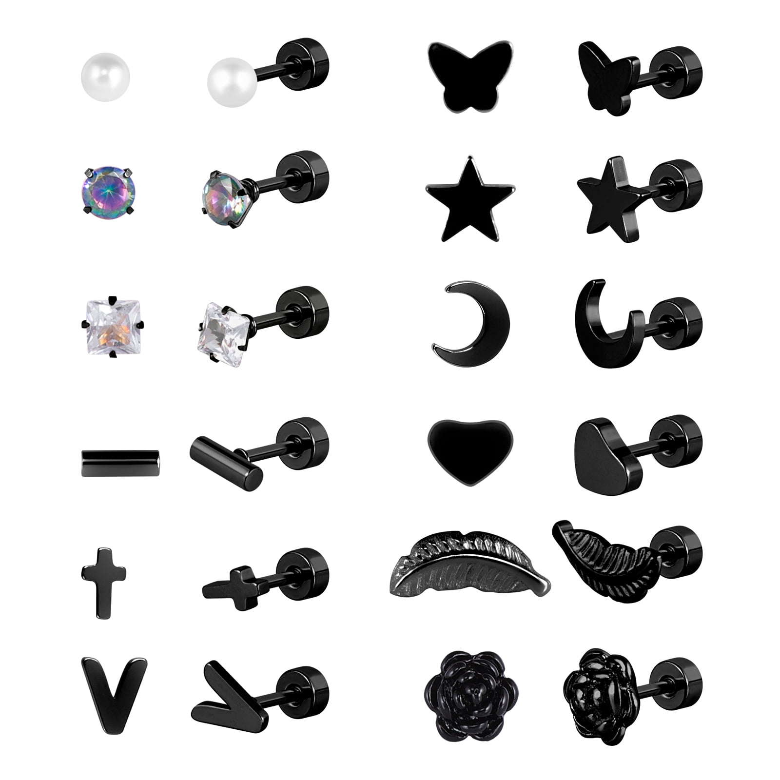 KALVICA Set Di 10/14/16 Paia Di Orecchini A Bottone In Acciaio Inox Per Donne: Cuori, Stelle, Lune E Tanti Altri Motivi Geometrici - Gioielli Da Trago E Cartilagine, Ideali Per Ogni Occasione - 5