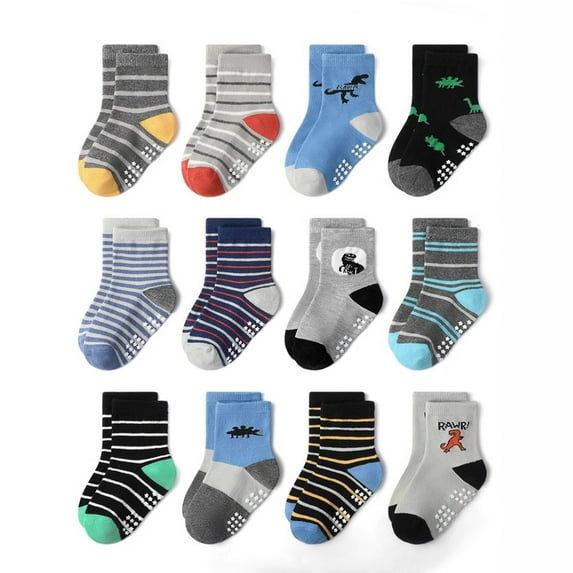 12 Pairs Toddler Baby Non Slip Socks Infant Anti Skid Socks with Grips Crew Socks for 0-7 Years Kids Boys Girls