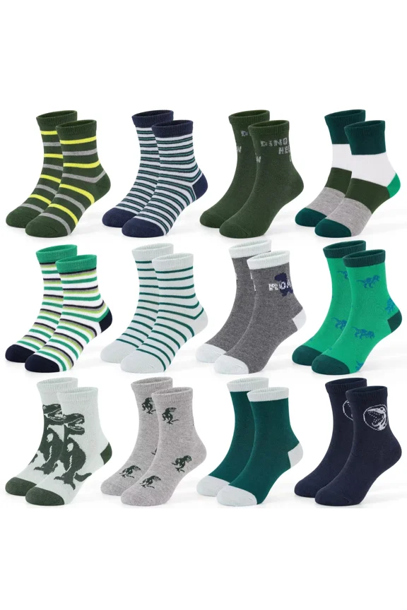 12 Pairs Toddler Socks Boys Dinosaur Socks Kids Fun Cartoon Novelty Crazy Crew Sock for Children 1-7 Years Old