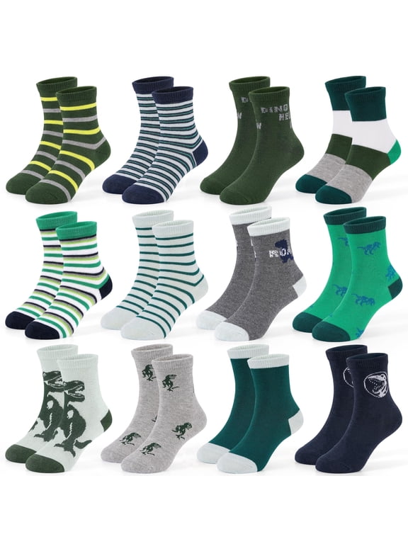 12 Pairs Toddler Socks Boys Dinosaur Socks Kids Fun Cartoon Novelty Crazy Crew Sock for Children 1-7 Years Old