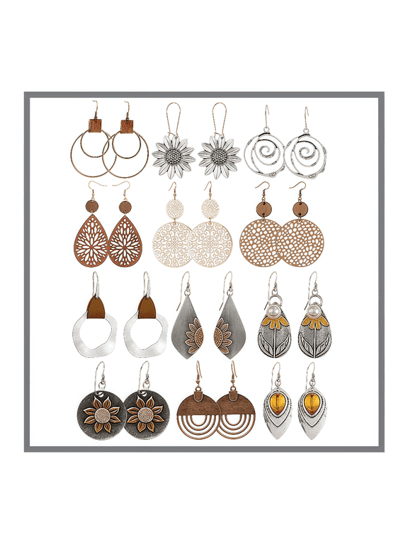 12 Pairs Trendy Boho Earrings for Women - Wooden & Leather Sunflower Drop Earrings with Geometric Design | Lightweight Vintage Ethnic Jewelry | Perfect for Festivals, Gifts & Christmas & Birthdays