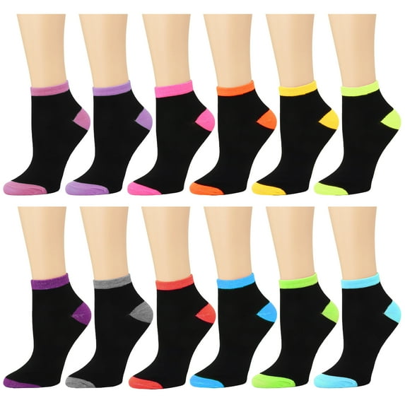 12 Pairs Two-Tone Assorted Colors Women's Ankle Socks Size 9-11