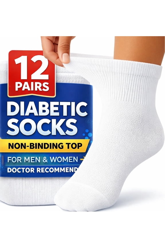 12 Pairs Value Pack Cotton Diabetic Socks Ankle for Men and Women White (Size 10-13)