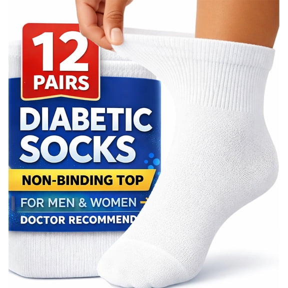 12 Pairs Value Pack Cotton Diabetic Socks Ankle for Men and Women White (Size 9-11)