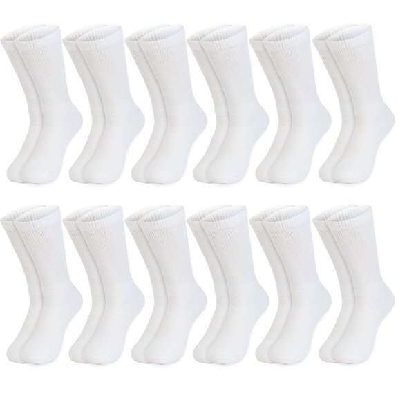 12 Pairs Value Pack Cotton Diabetic Socks Crew for Men and Women White (Size 10-13)