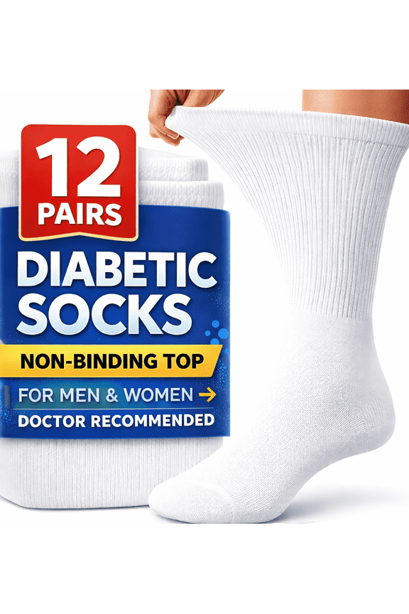12 Pairs Value Pack Cotton Diabetic Socks Crew for Men and Women White (Size 10-13)