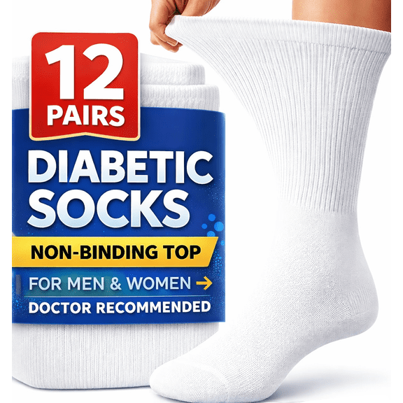 12 Pairs Value Pack Cotton Diabetic Socks Crew for Men and Women White (Size 10-13)