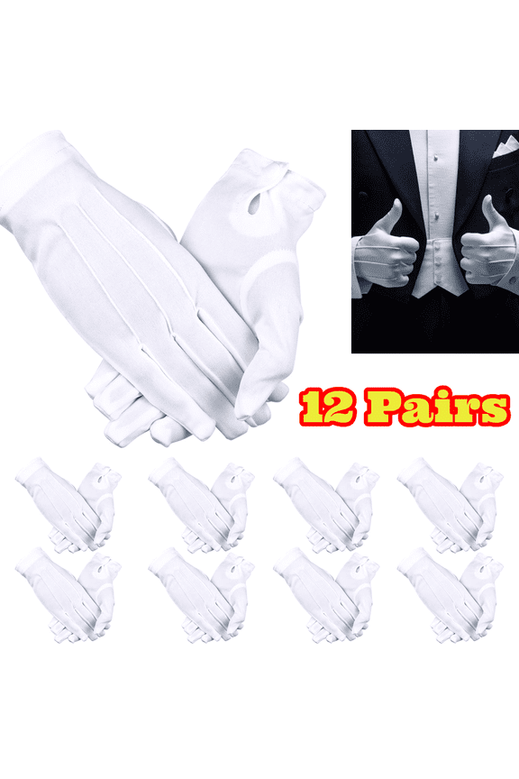 12 Pairs White Nylon Gloves for Men Women, Formal Tuxedo Honor Guard Parade Gloves with Snap Cuff