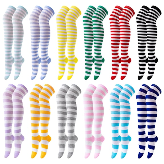 12 Pairs Women Thigh High Socks, Striped Over The Knee Socks, Assorted High Stockings, Costume Accessories