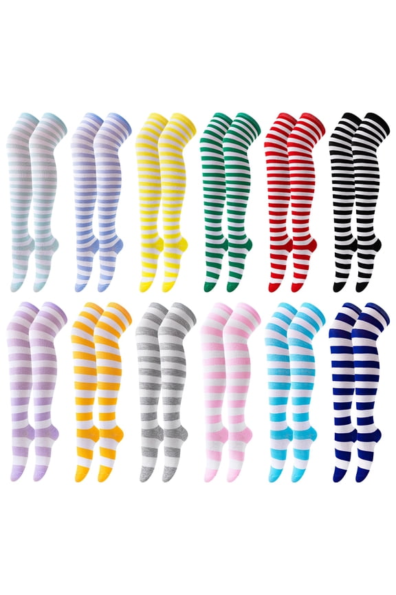 12 Pairs Women Thigh High Socks, Striped Over The Knee Socks, Assorted High Stockings, Costume Accessories