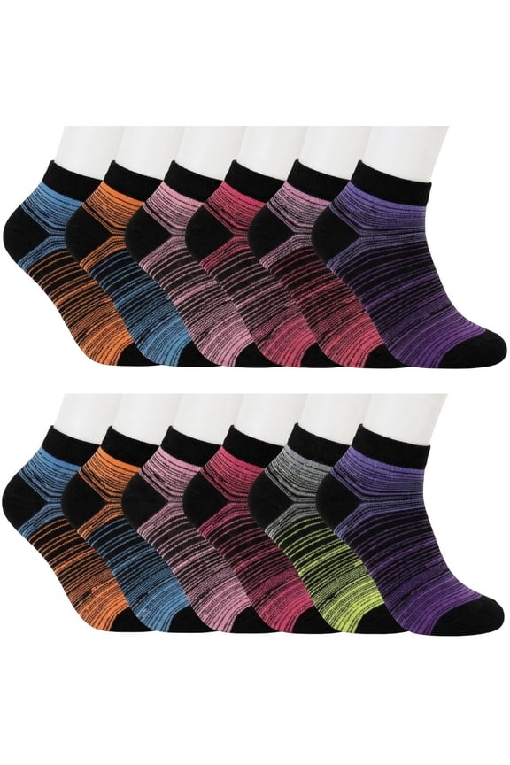 12-Pairs Women's Ankle Athletic Low Cut Socks Colorful Lightweight Casual Black Space Dye