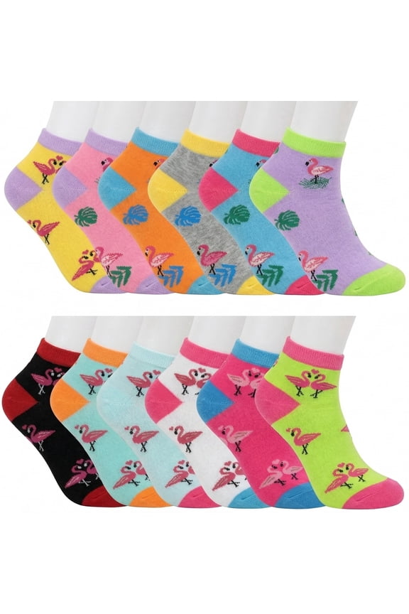 12-Pairs Women's Ankle Athletic Low Cut Socks Colorful Lightweight Casual Flamingos