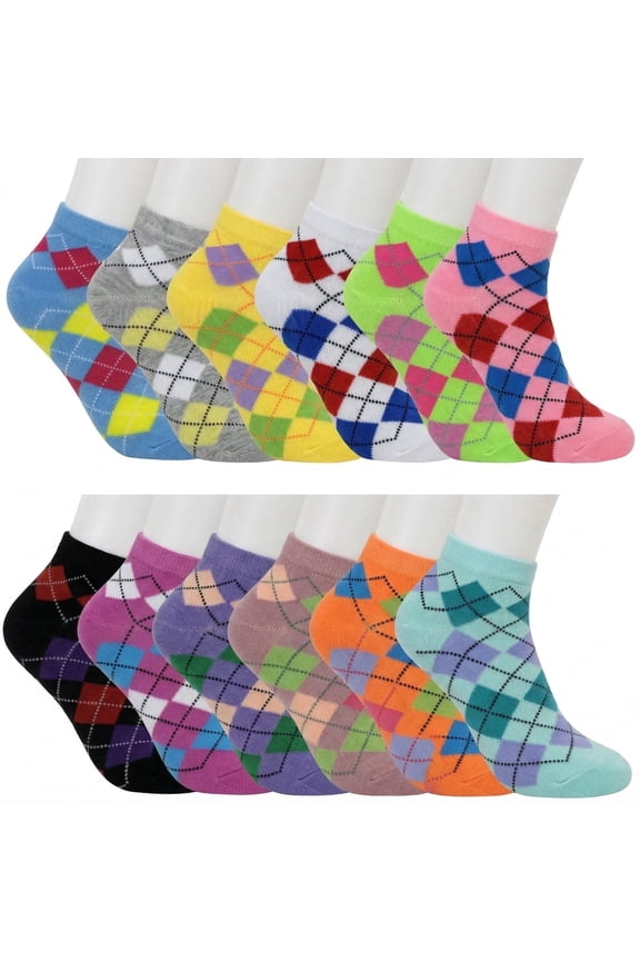 12-Pairs Women's Ankle Athletic Low Cut Socks Colorful Solid Lightweight Casual Socks Argyle