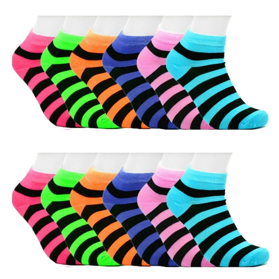 12-Pairs Women's Ankle Athletic Low Cut Socks Colorful Solid Lightweight Casual Socks Black Striped
