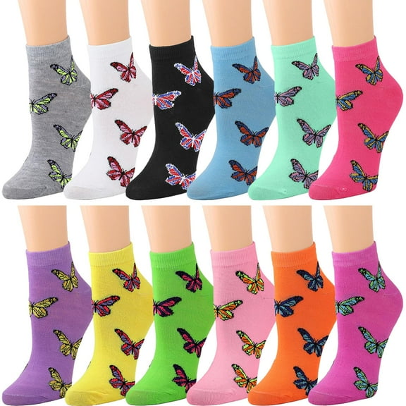 12 Pairs Assorted Colors Women Novelty Ankle Socks - Butterfly