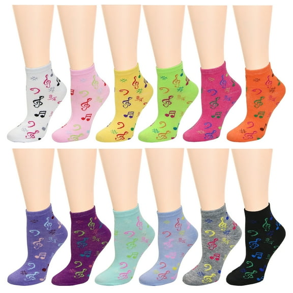 12 Pairs Women's Ankle Socks Assorted Colors Size 9-11 Musical Notes
