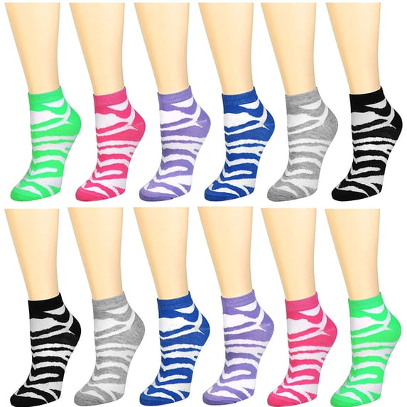 12 Pairs Women's Ankle Socks Assorted Colors Size 9-11 Zebra Skin