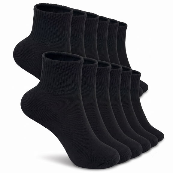 12 Pairs Women's Cotton Solid Black Athletic Cushioned Ankle Quarter Socks Size 9-11