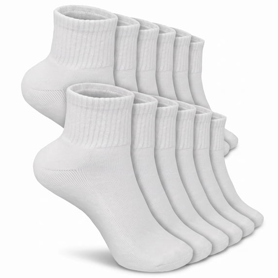 12 Pairs Women's Cotton Solid White Athletic Cushioned Ankle Quarter Socks Size 9-11