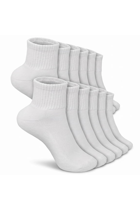 12 Pairs Women's Cotton Solid White Athletic Cushioned Ankle Quarter Socks Size 9-11