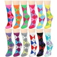 thumbnail image 1 of 12 Pairs Women's Crew Socks Fancy Novelty Designed Size 9-11 Multicolor Assorted Argyle, 1 of 2