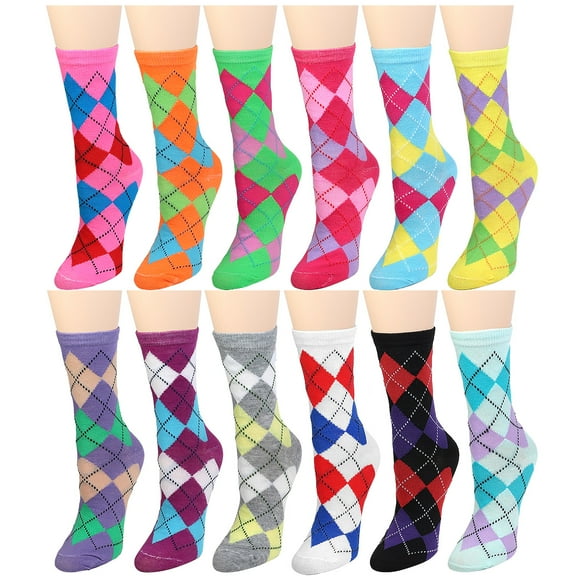 12 Pairs Women's Crew Socks Fancy Novelty Designed Size 9-11 Multicolor Assorted Argyle