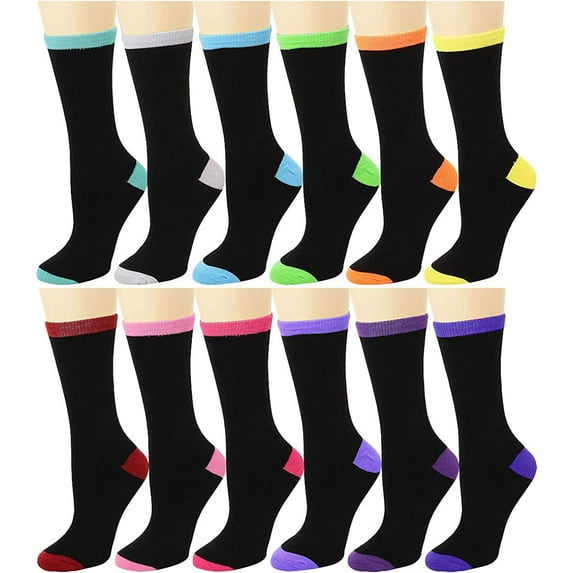12 Pairs Women's Crew Socks Fancy Novelty Designed Size 9-11 Multicolor Assorted Black Two-Tone