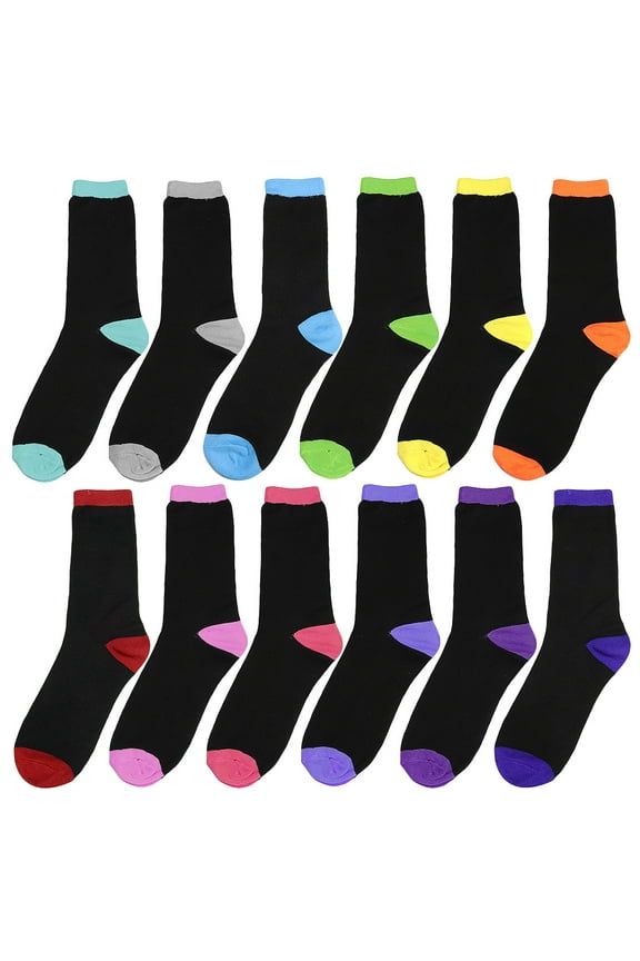 12 Pairs Women's Crew Socks Fancy Novelty Designed Size 9-11 Multicolor Assorted Black Two-Tone