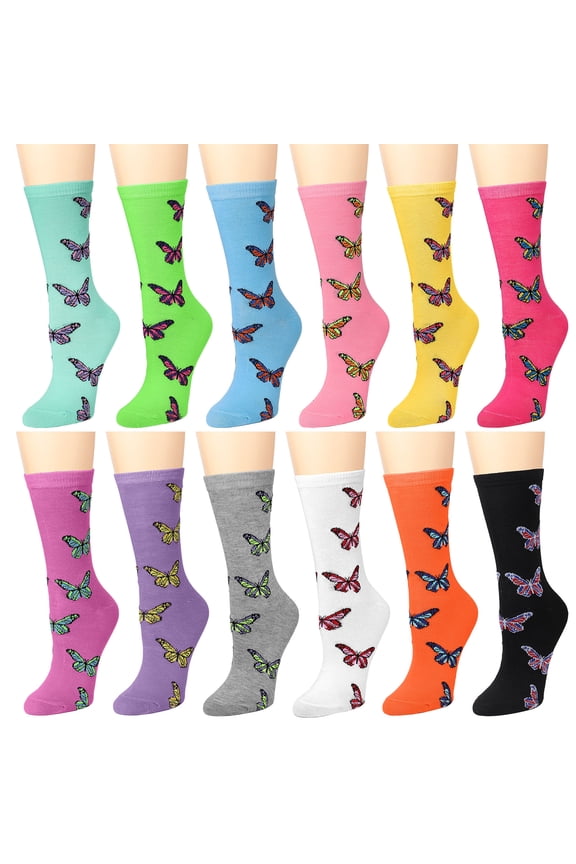 12 Pairs Women's Crew Socks Fancy Novelty Designed Size 9-11 Multicolor Assorted Butterfly