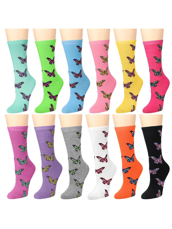 12 Pairs Women's Crew Socks Fancy Novelty Designed Size 9-11 Multicolor Assorted Butterfly