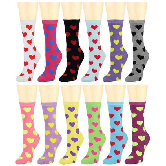 12 Pairs Women's Crew Socks Fancy Novelty Designed Size 9-11 Multicolor Assorted Hearts