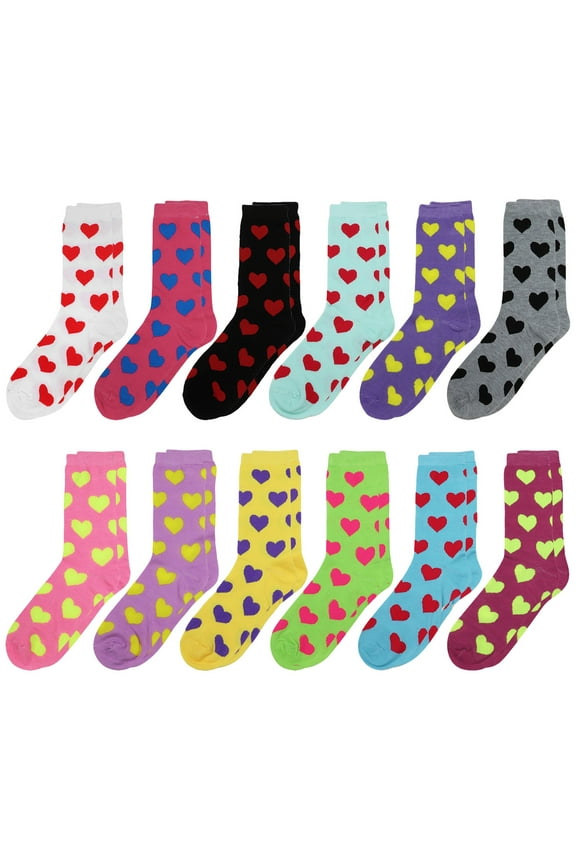 12 Pairs Women's Crew Socks Fancy Novelty Designed Size 9-11 Multicolor Assorted Hearts