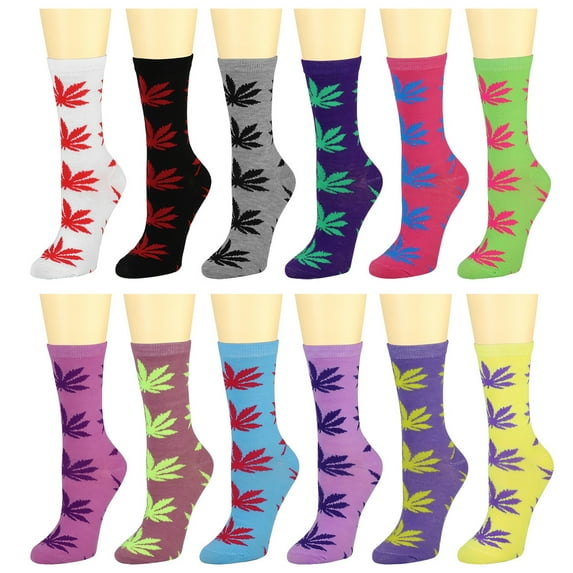 12 Pairs Women's Crew Socks Fancy Novelty Designed Size 9-11 Multicolor Assorted Leaves #2