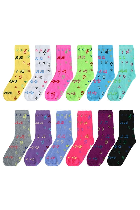 12 Pairs Women's Crew Socks Fancy Novelty Designed Size 9-11 Multicolor Assorted Musical Notes