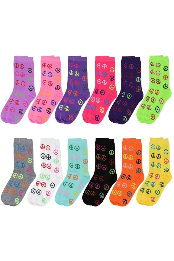 12 Pairs Women's Crew Socks Fancy Novelty Designed Size 9-11 Multicolor Assorted Peace Sign