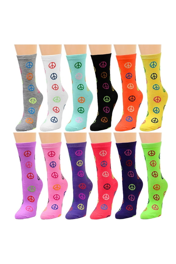 12 Pairs Women's Crew Socks Fancy Novelty Designed Size 9-11 Multicolor Assorted Peace Sign