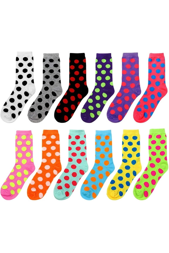 12 Pairs Women's Crew Socks Fancy Novelty Designed Size 9-11 Multicolor Assorted Polka Dots