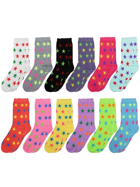 12 Pairs Women's Crew Socks Fancy Novelty Designed Size 9-11 Multicolor Assorted Stars