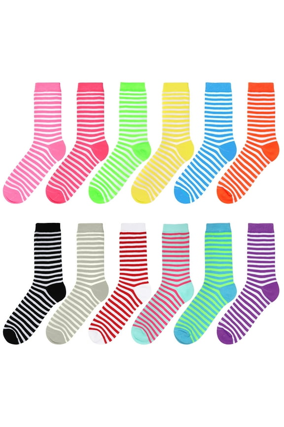 12 Pairs Women's Crew Socks Fancy Novelty Designed Size 9-11 Multicolor Assorted Striped