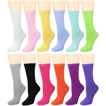 12 Pairs Women's Crew Socks Fancy Novelty Designed Size 9-11 Multicolor Solid Assorted