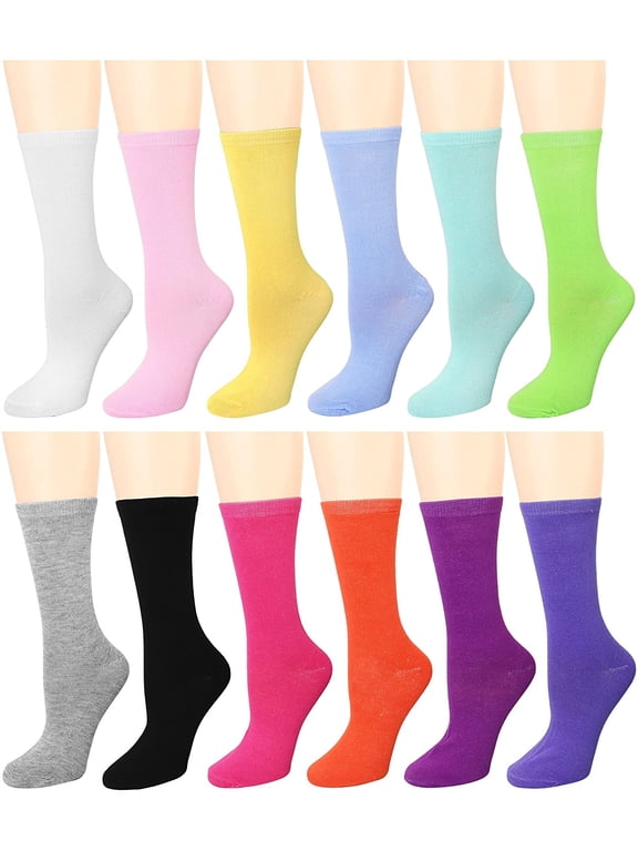 12 Pairs Women's Crew Socks Fancy Novelty Designed Size 9-11 Multicolor Solid Assorted