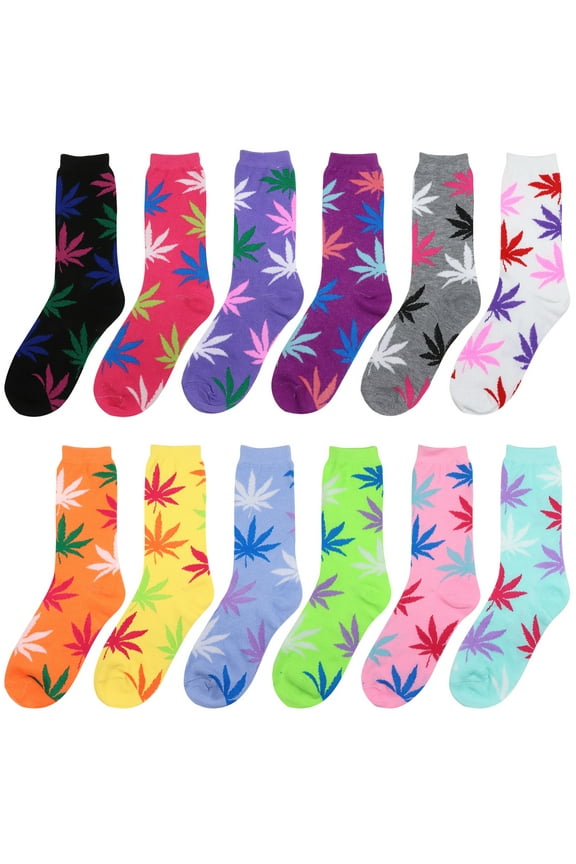 12 Pairs Women's Crew Socks Fancy Novelty Leaf Designed Size 9-11 Multicolor Assorted