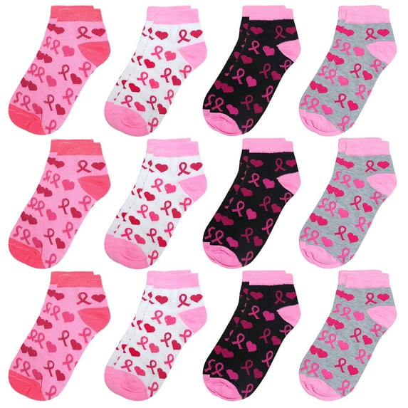 12 Pairs Women's Pink Ribbon Breast Cancer Awareness Symbol Ankle Socks Size 9-11 Assorted Colors