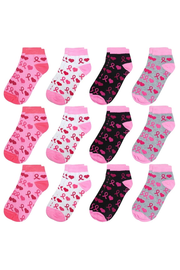 12 Pairs Women's Pink Ribbon Breast Cancer Awareness Symbol Ankle Socks Size 9-11 Assorted Colors