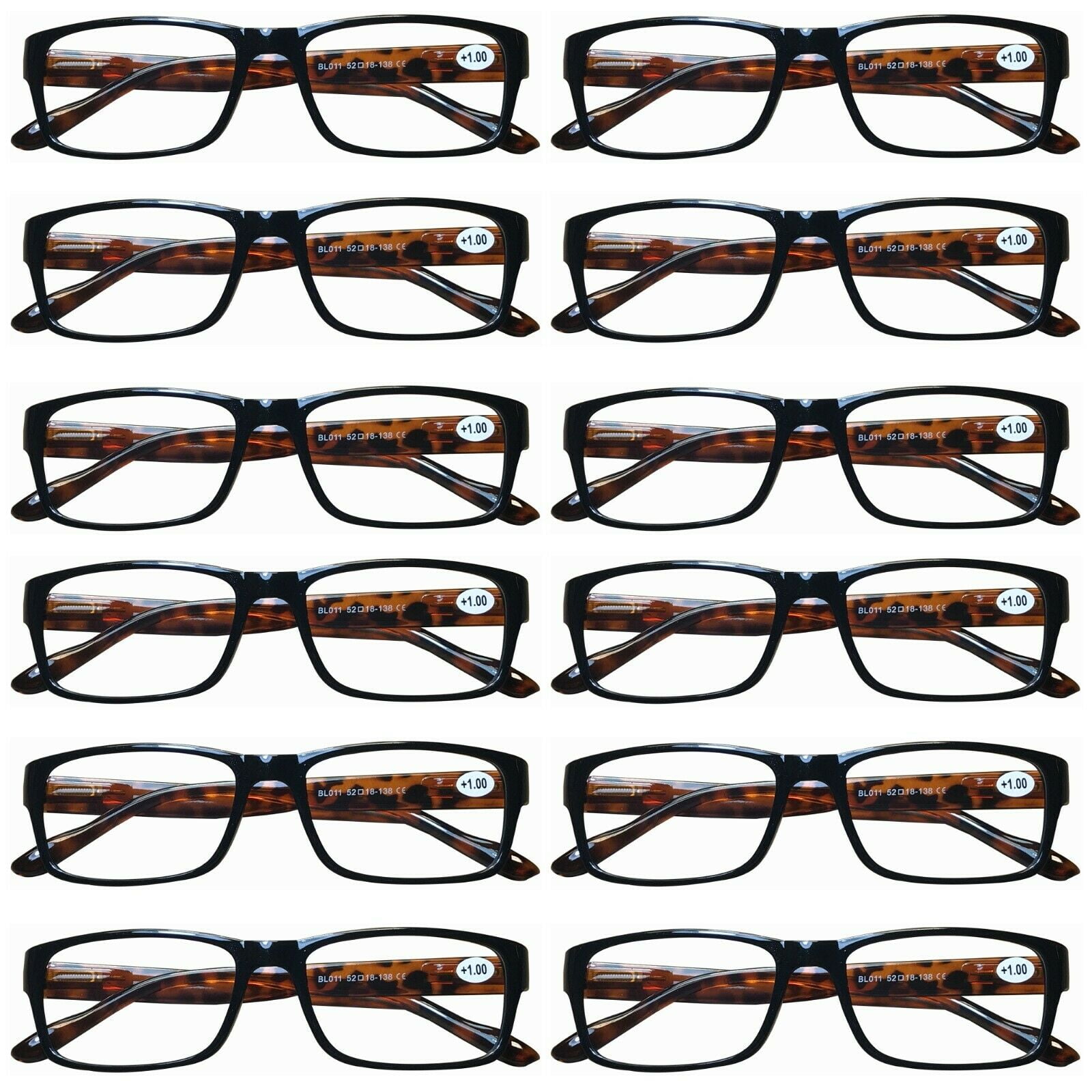 12 Pairs Womens Mens Unisex Rectangular Blue Light Blocking Reading Glasses Spring Hinge Readers +1.25